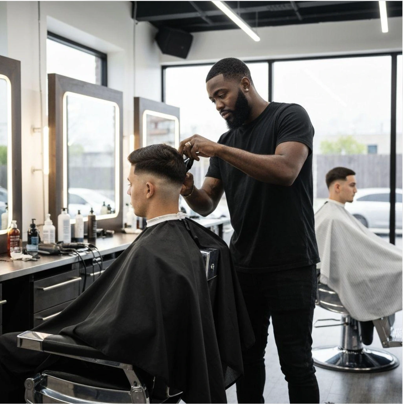 Barbeiro atendendo um cliente na barbearia